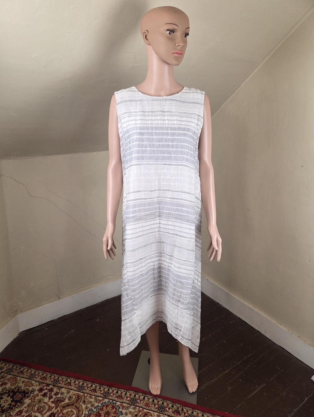 Lafayette 148 Linen Midi Dress M Ivory Gray Striped Sleeveless‎ A-Line Summer